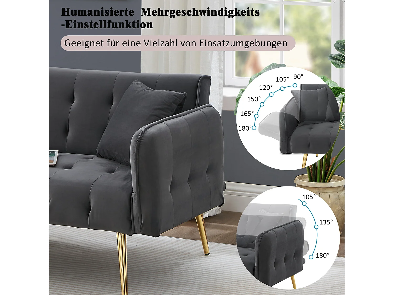 Divano letto 2 posti - 178 x 82 x 70 cm - con schienale e braccioli regolabili - velluto - grigio