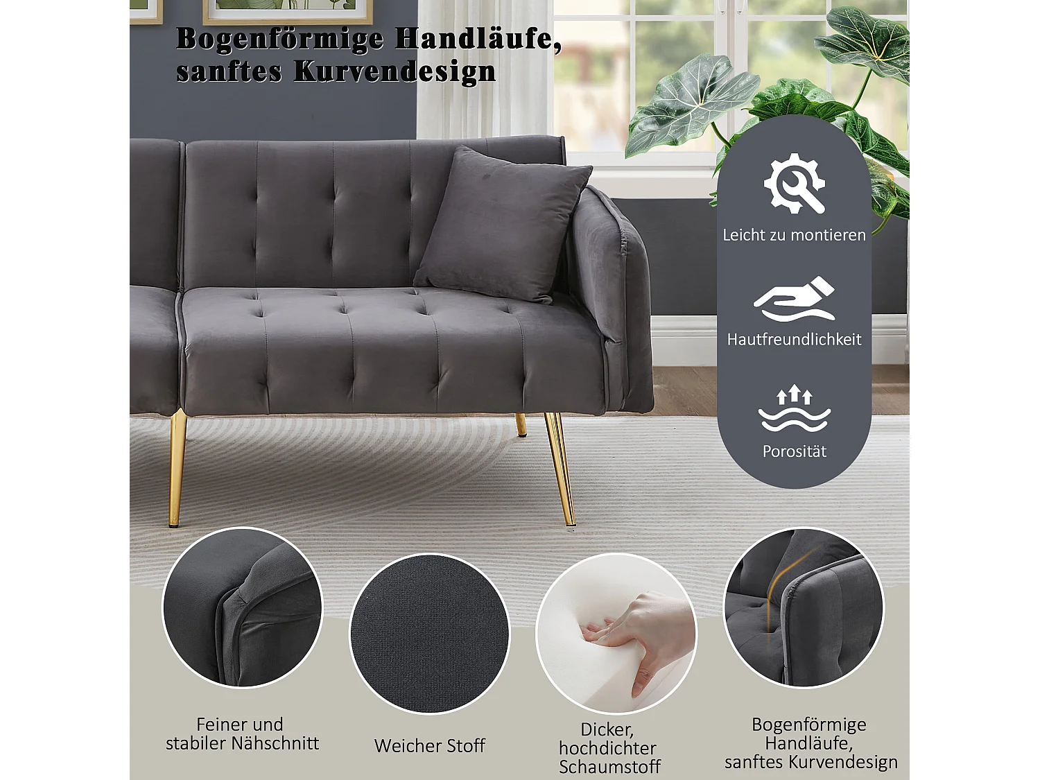 Divano letto 2 posti - 178 x 82 x 70 cm - con schienale e braccioli regolabili - velluto - grigio