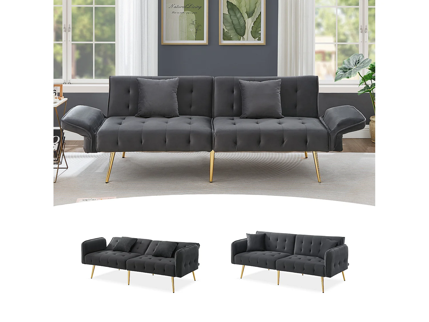 Divano letto 2 posti - 178 x 82 x 70 cm - con schienale e braccioli regolabili - velluto - grigio