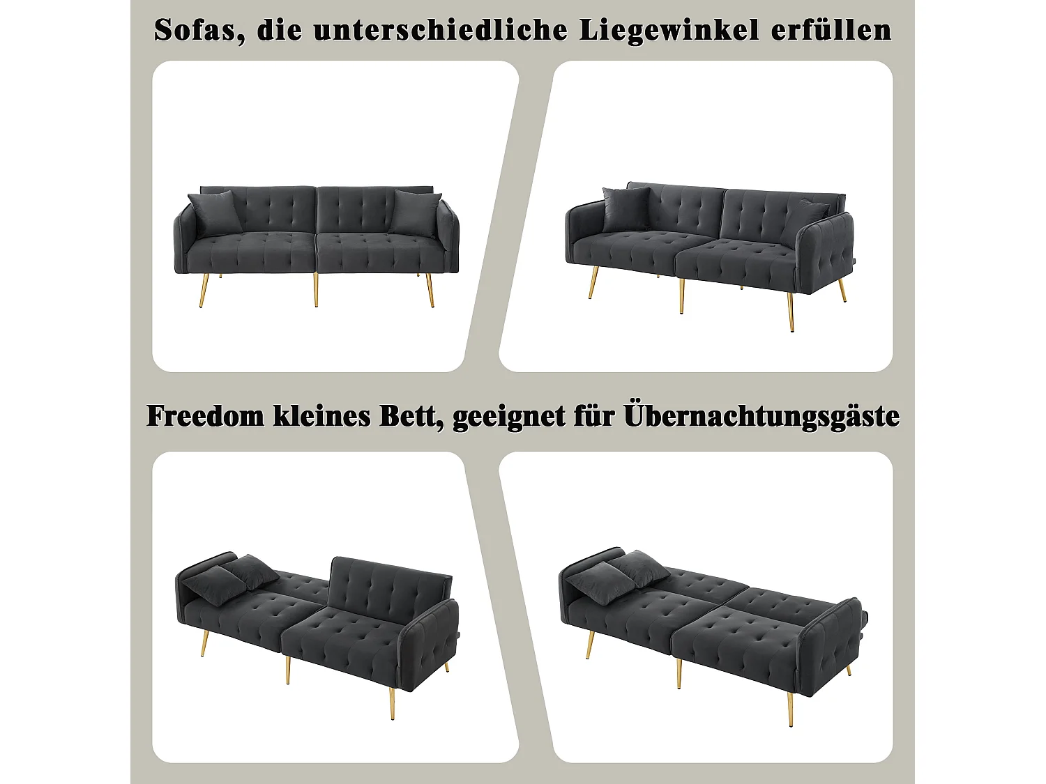 Divano letto 2 posti - 178 x 82 x 70 cm - con schienale e braccioli regolabili - velluto - grigio