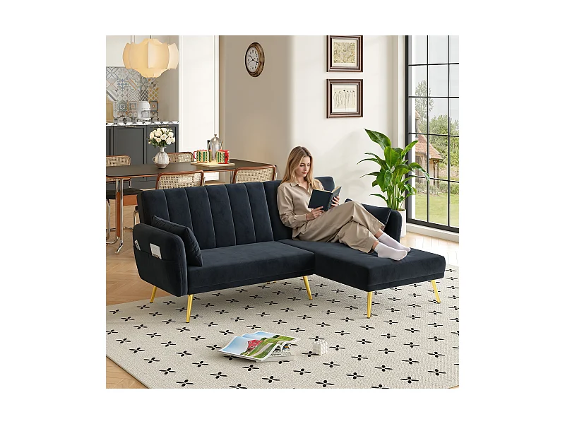 Canapé 3 places pliant - 191.5 x 130 x 80 cm - canapé d'angle avec fonction couchage - velours - noir