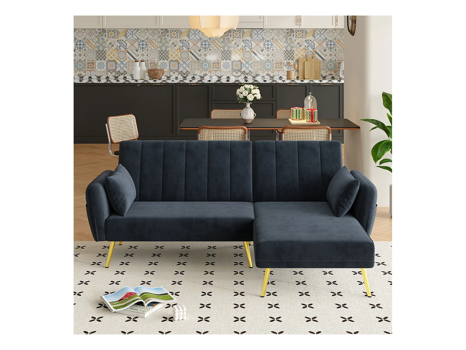 Canapé 3 places pliant - 191.5 x 130 x 80 cm - canapé d'angle avec fonction couchage - velours - noir