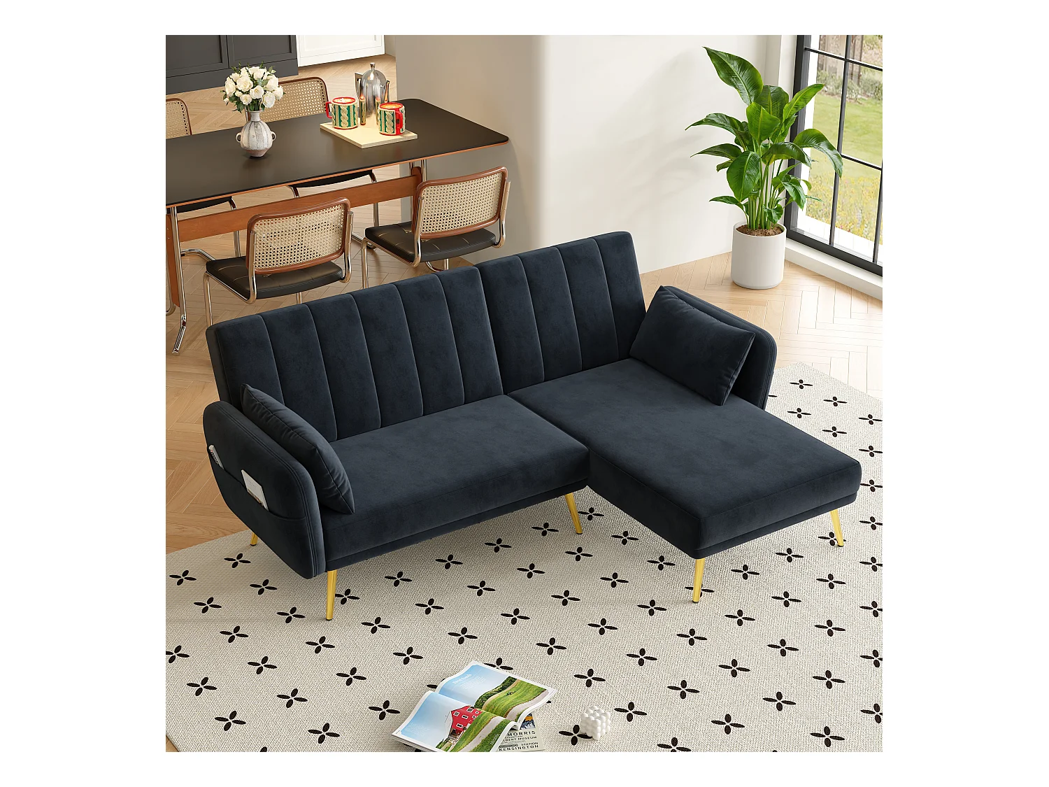 Canapé 3 places pliant - 191.5 x 130 x 80 cm - canapé d'angle avec fonction couchage - velours - noir