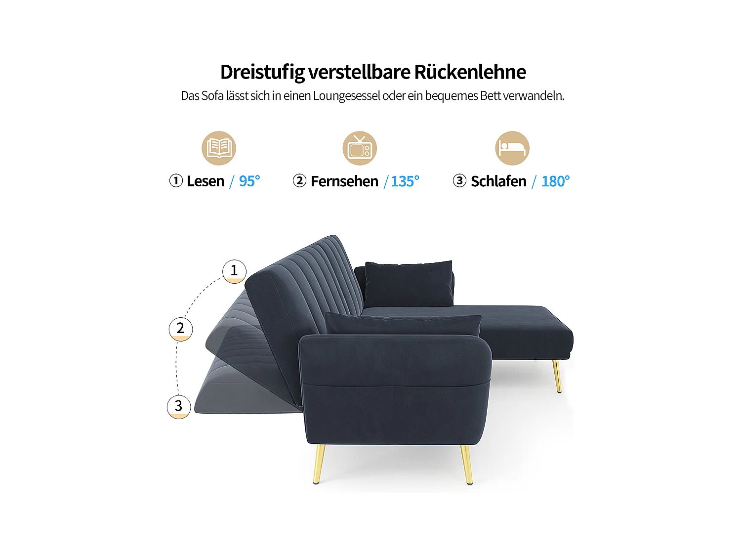 Canapé 3 places pliant - 191.5 x 130 x 80 cm - canapé d'angle avec fonction couchage - velours - noir