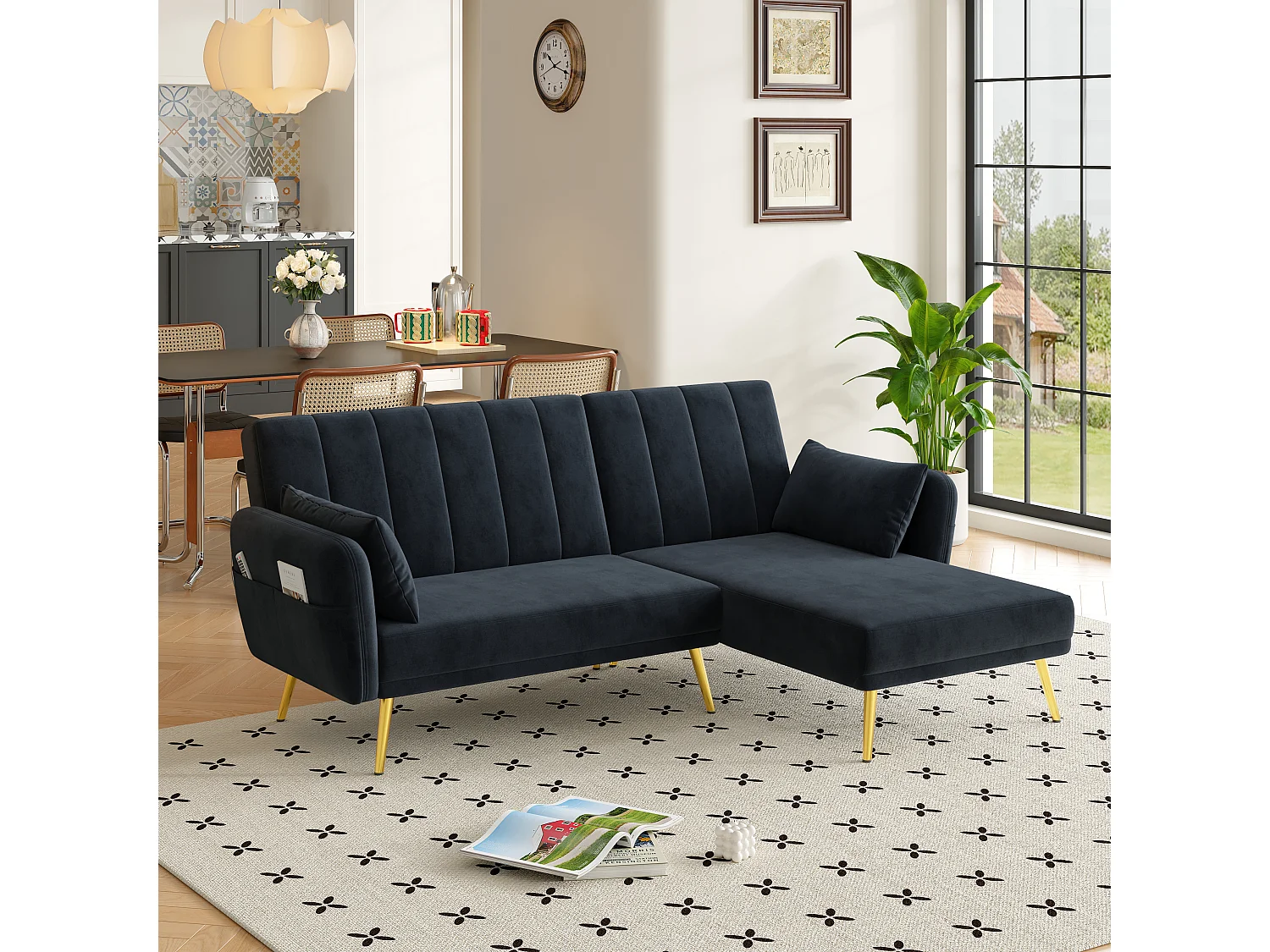 3-Sitzer Klappsofa - 191,5 x 130 x 80 cm - Ecksofa mit Schlaffunktion - Samt - Schwarz