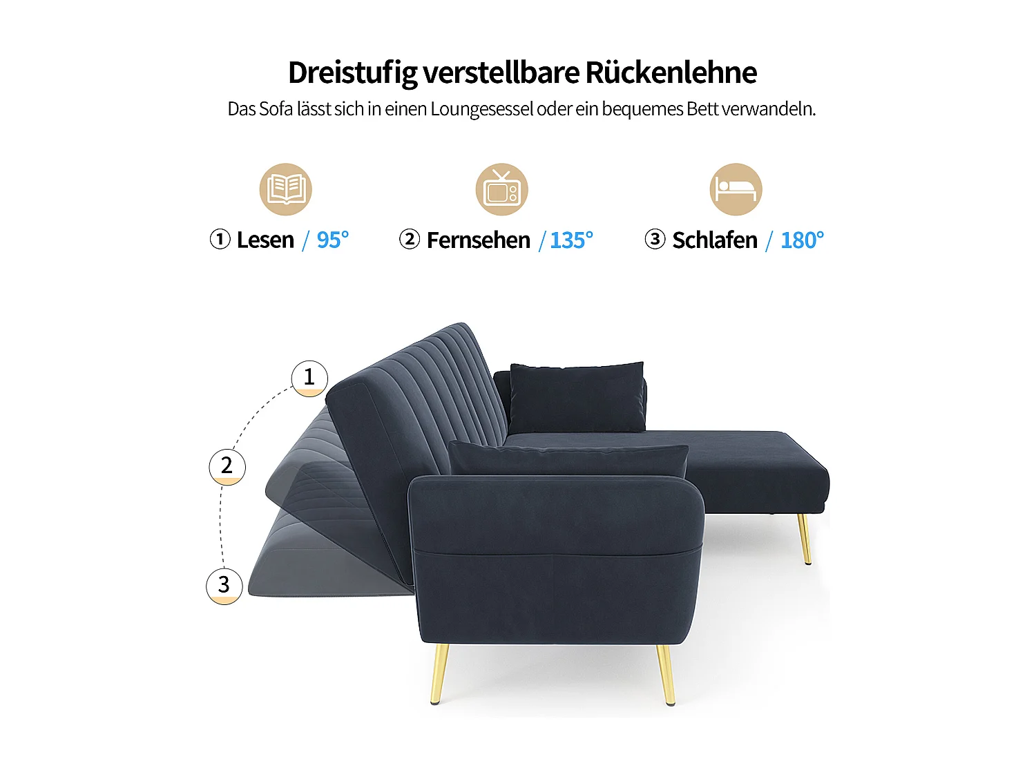 3-Sitzer Klappsofa - 191,5 x 130 x 80 cm - Ecksofa mit Schlaffunktion - Samt - Schwarz