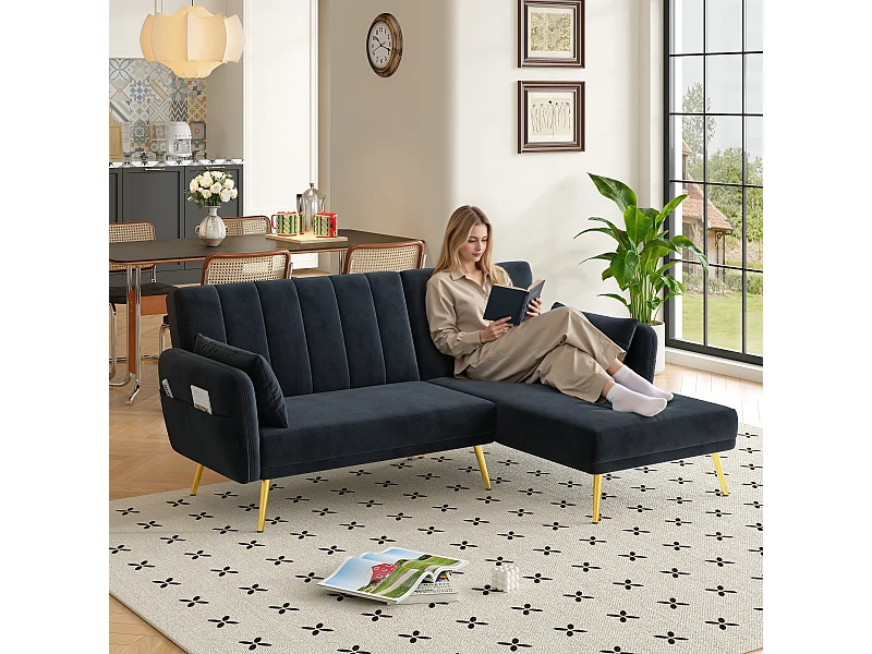 Canapé 3 places pliant - 191.5 x 130 x 80 cm - canapé d'angle avec fonction couchage - velours - noir