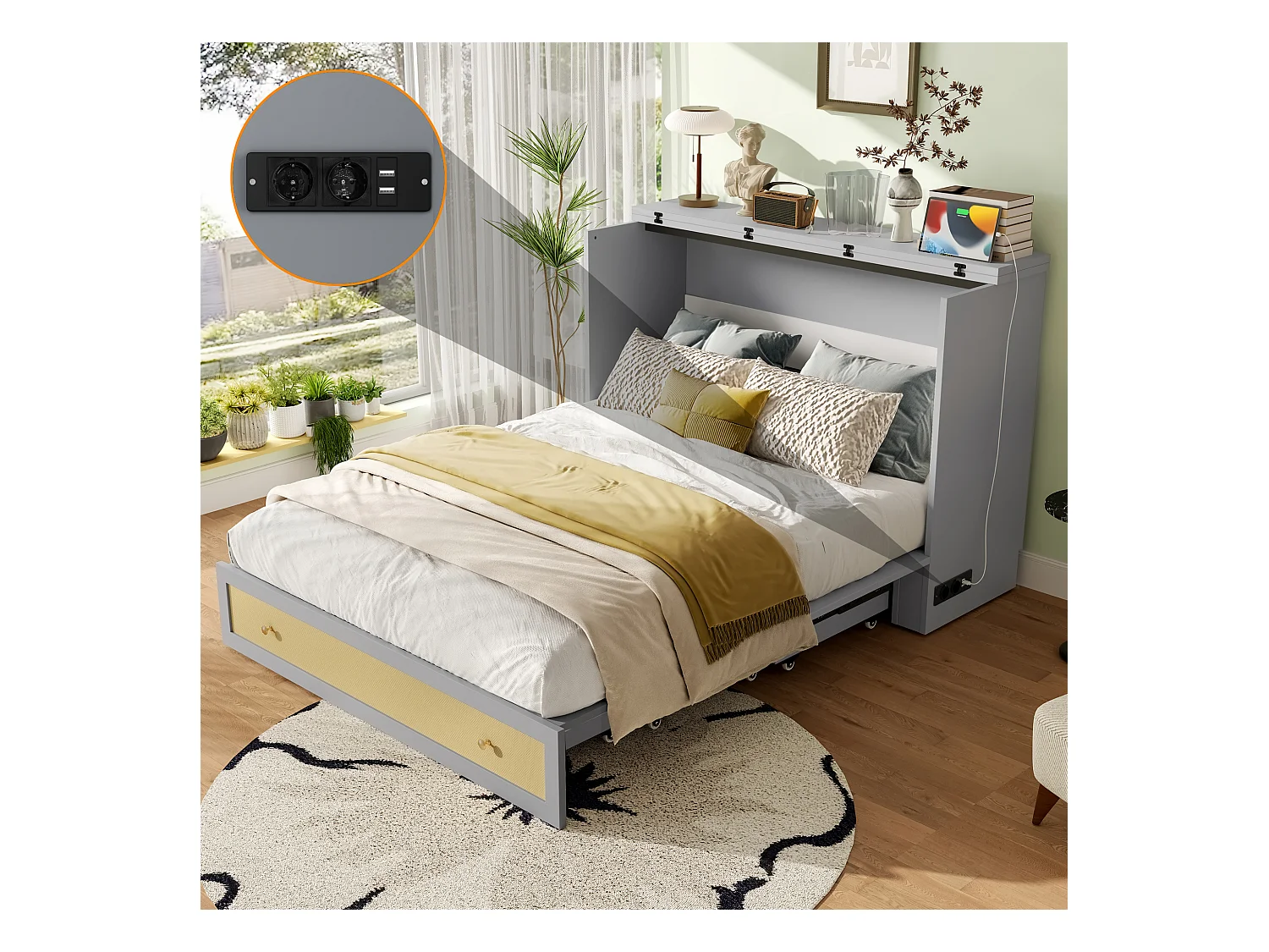 Lit escamotable mobile - 140 x 200 cm -  avec 6 tiroirs + étagère en tête de lit + USB - MDF - gris