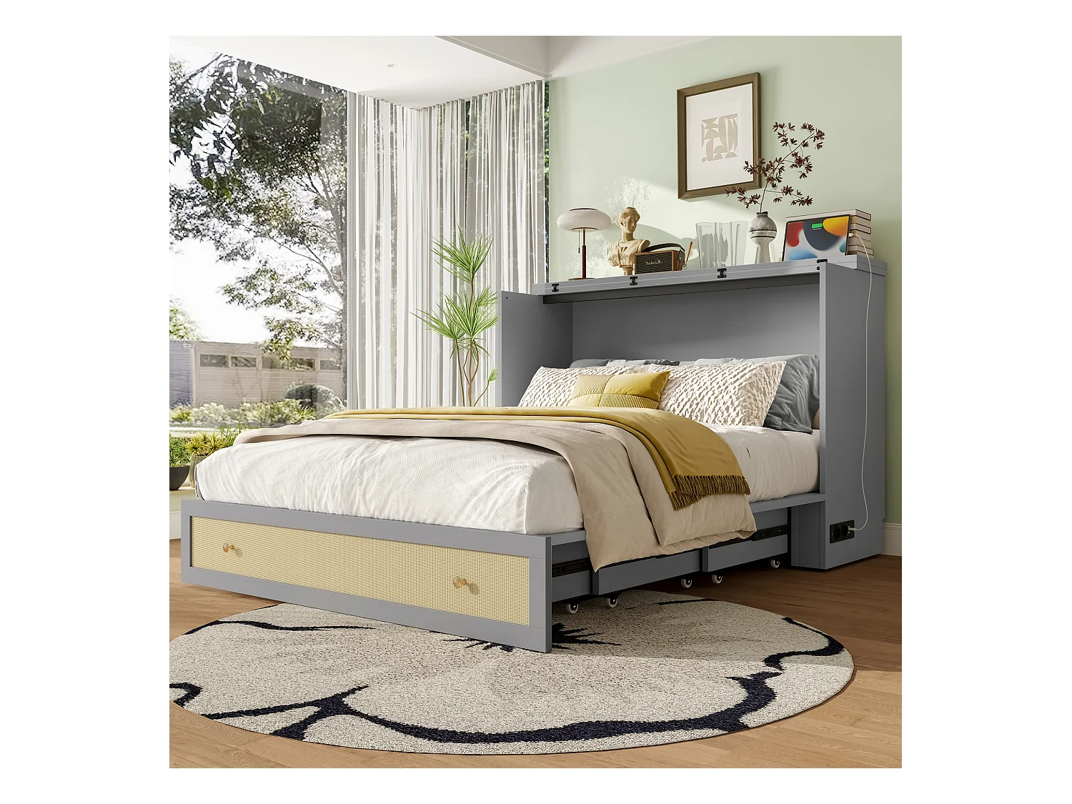 Lit escamotable mobile - 140 x 200 cm -  avec 6 tiroirs + étagère en tête de lit + USB - MDF - gris