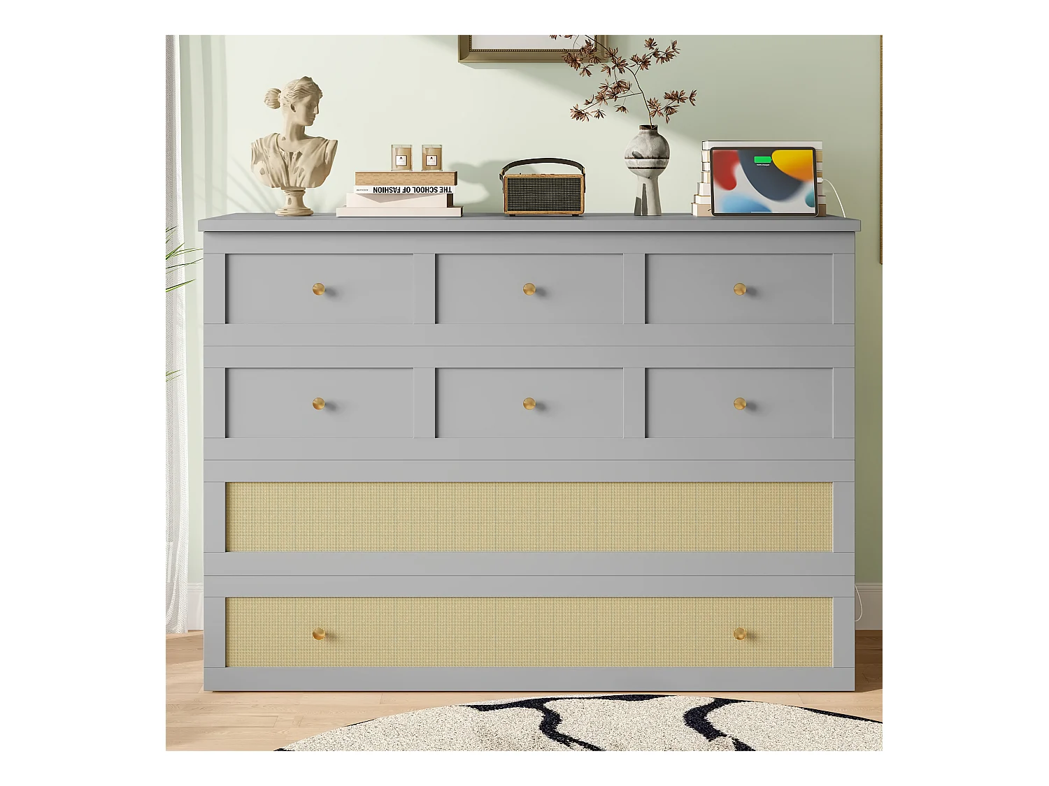 Lit escamotable mobile - 140 x 200 cm -  avec 6 tiroirs + étagère en tête de lit + USB - MDF - gris