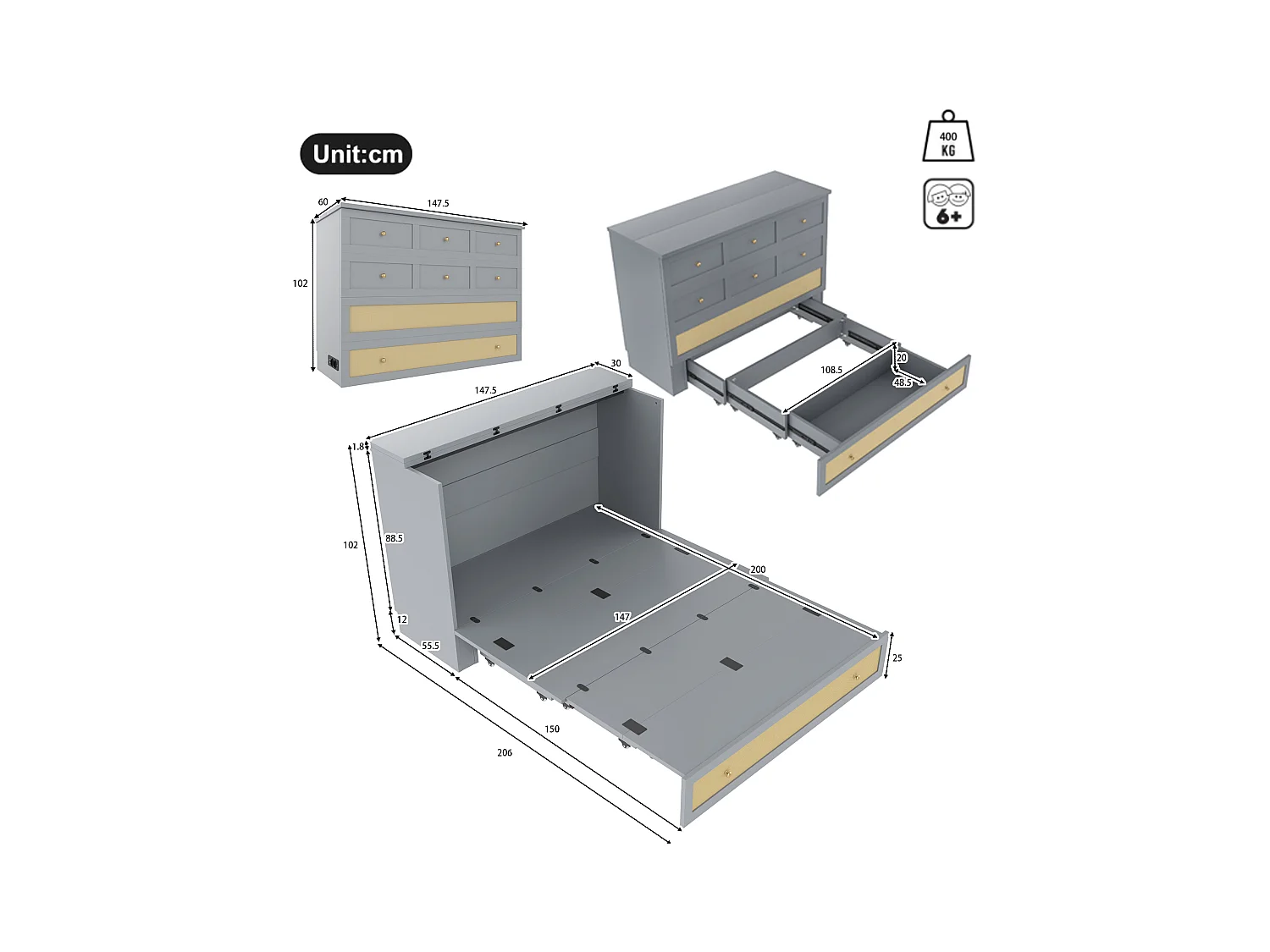 Lit escamotable mobile - 140 x 200 cm -  avec 6 tiroirs + étagère en tête de lit + USB - MDF - gris