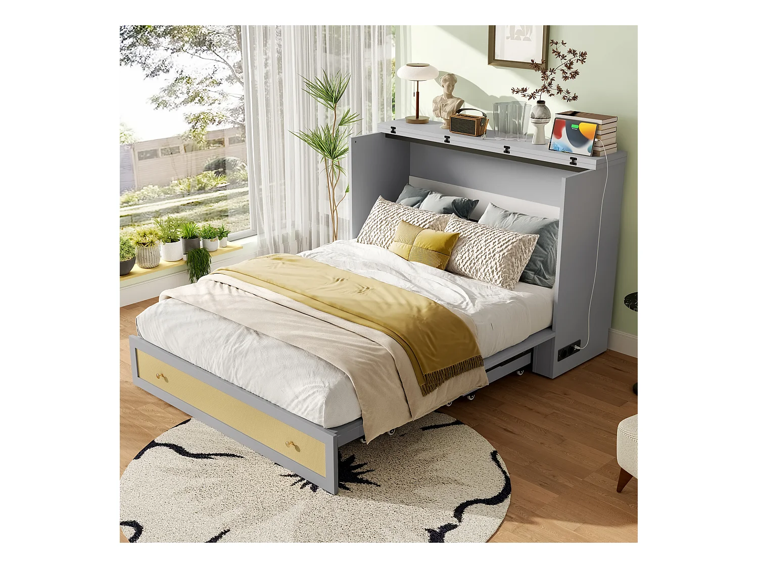 Lit escamotable mobile - 140 x 200 cm -  avec 6 tiroirs + étagère en tête de lit + USB - MDF - gris