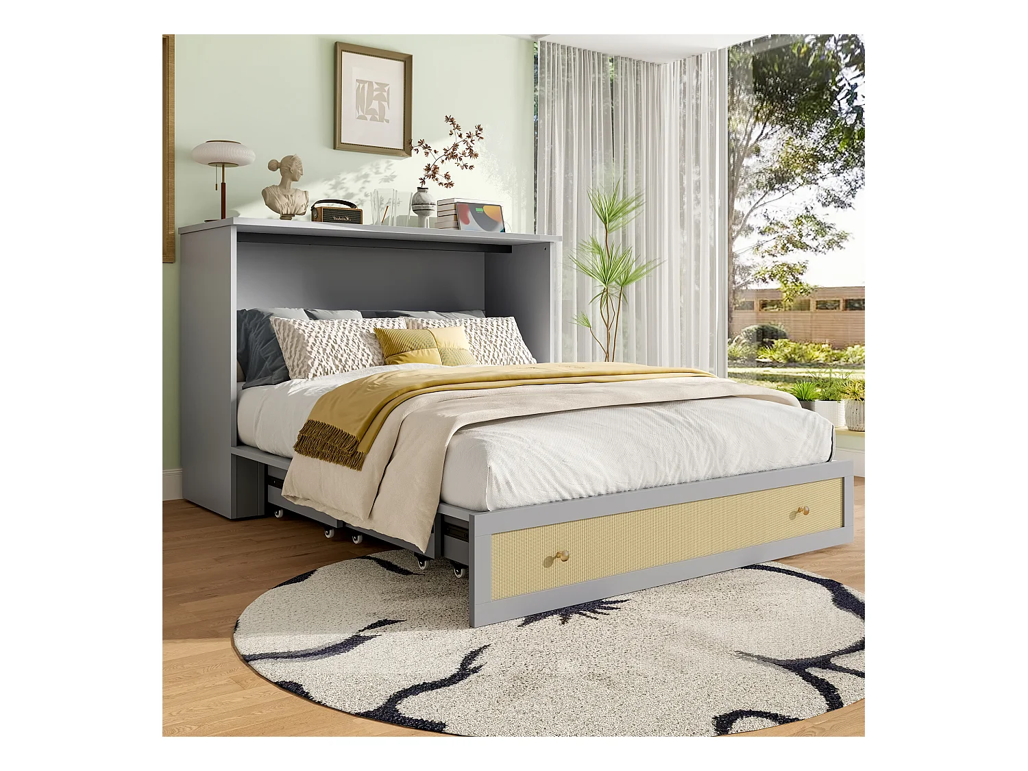 Lit escamotable mobile - 140 x 200 cm -  avec 6 tiroirs + étagère en tête de lit + USB - MDF - gris