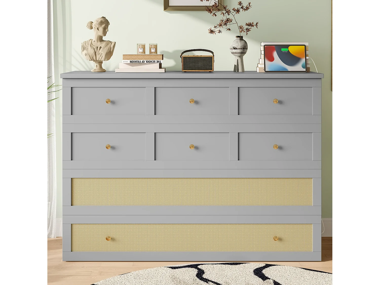 Lit escamotable mobile - 140 x 200 cm -  avec 6 tiroirs + étagère en tête de lit + USB - MDF - gris