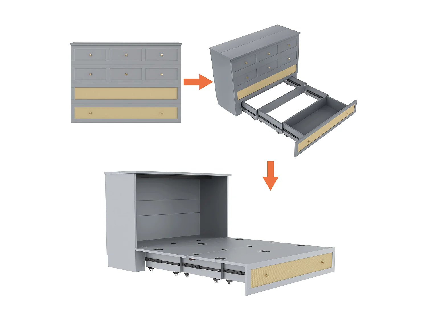 Lit escamotable mobile - 140 x 200 cm -  avec 6 tiroirs + étagère en tête de lit + USB - MDF - gris
