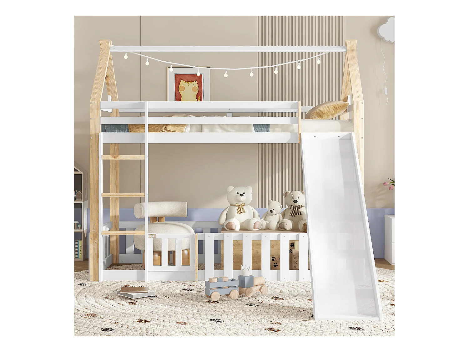 Lit superposés enfant - 90 x 200 cm - avec toboggan + clôture + échelle - pin + MDF - blanc