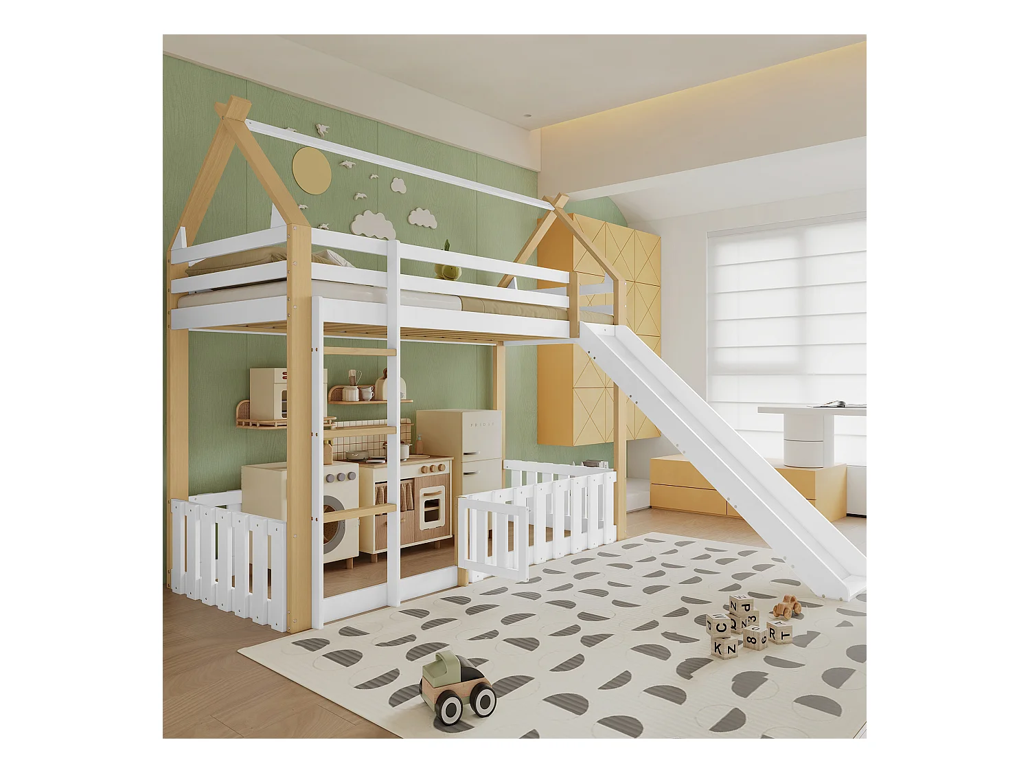 Lit superposés enfant - 90 x 200 cm - avec toboggan + clôture + échelle - pin + MDF - blanc