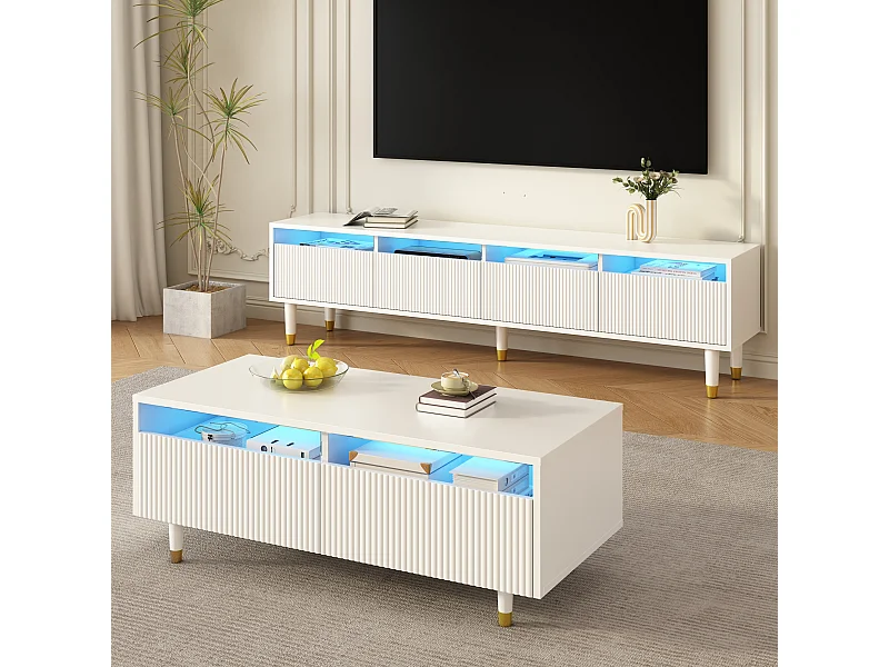 TV-Schrank-Set mit 4 Schubladen + Couchtisch mit 2 Schubladen - mit LEDs - MDF - weiß