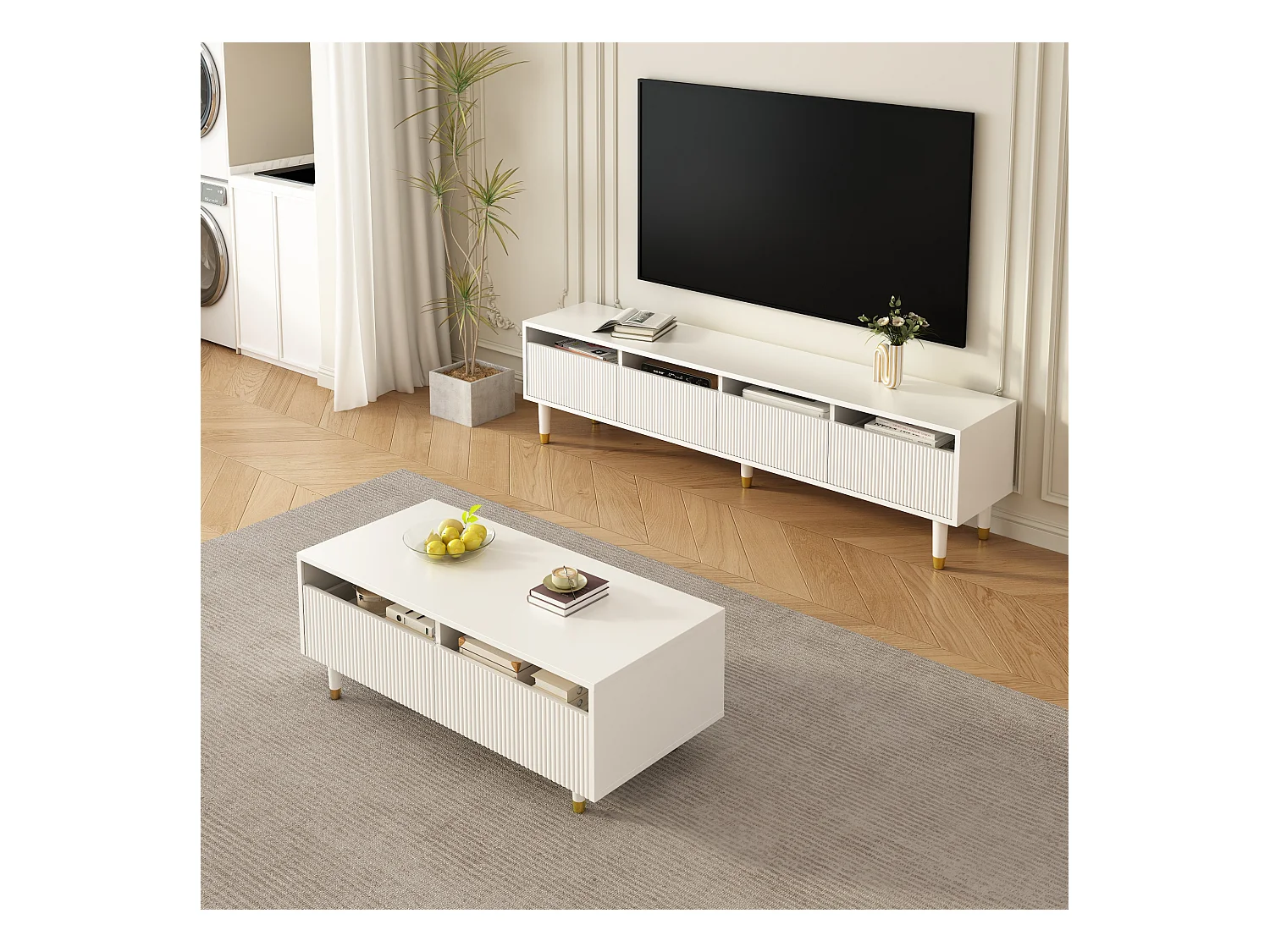 Ensemble de meuble TV avec 4 tiroirs + table basse avec 2 tiroirs - avec Leds - MDF - blanc