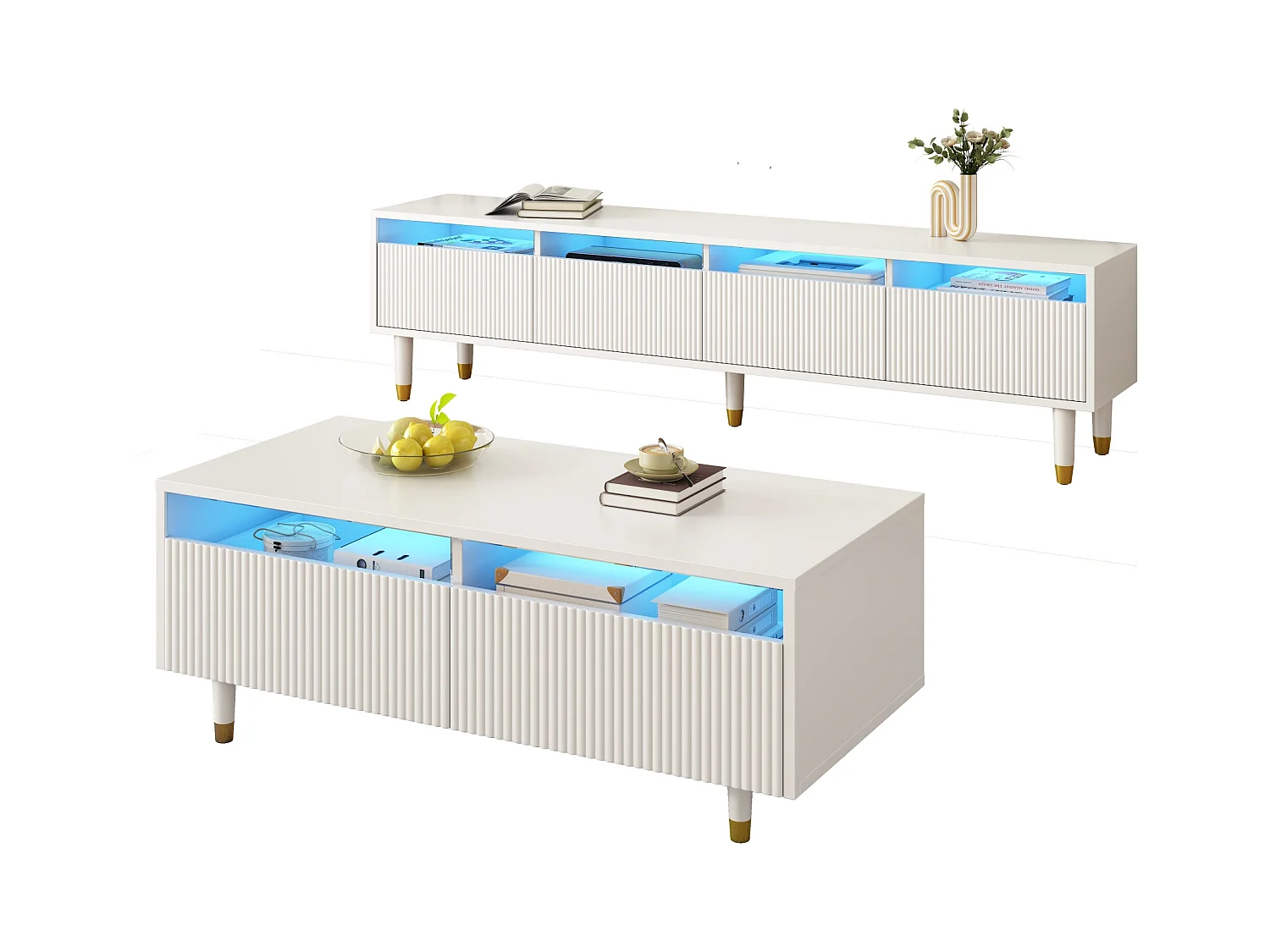 Ensemble de meuble TV avec 4 tiroirs + table basse avec 2 tiroirs - avec Leds - MDF - blanc