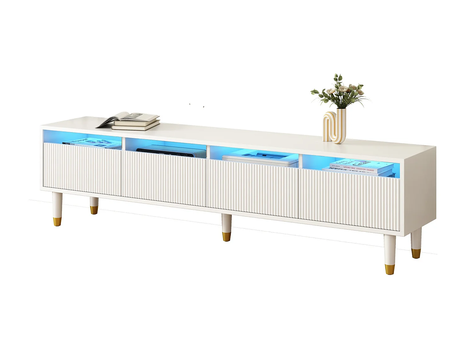 Ensemble de meuble TV avec 4 tiroirs + table basse avec 2 tiroirs - avec Leds - MDF - blanc