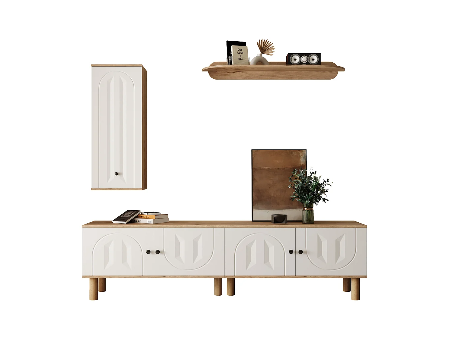 Lot de 3 meuble mural - buffet haut + meuble tv + étagère murale - aggloméré - naturel + blanc