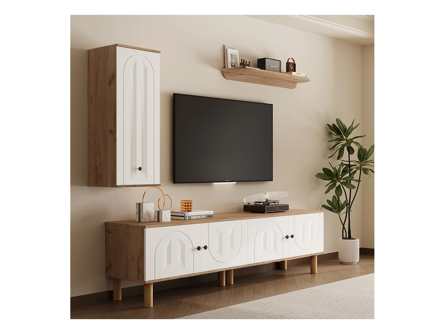 Lot de 3 meuble mural - buffet haut + meuble tv + étagère murale - aggloméré - naturel + blanc
