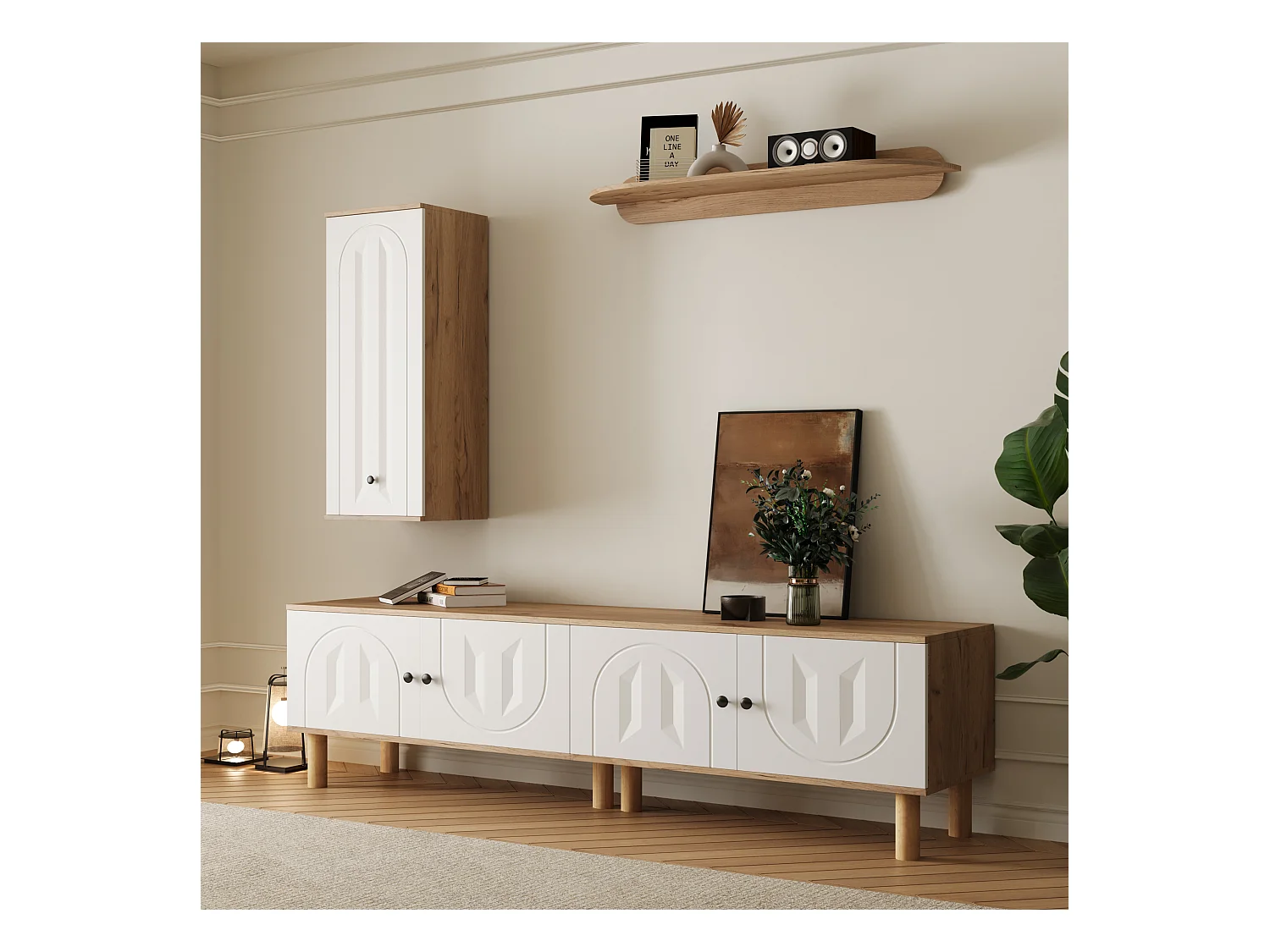 Lot de 3 meuble mural - buffet haut + meuble tv + étagère murale - aggloméré - naturel + blanc