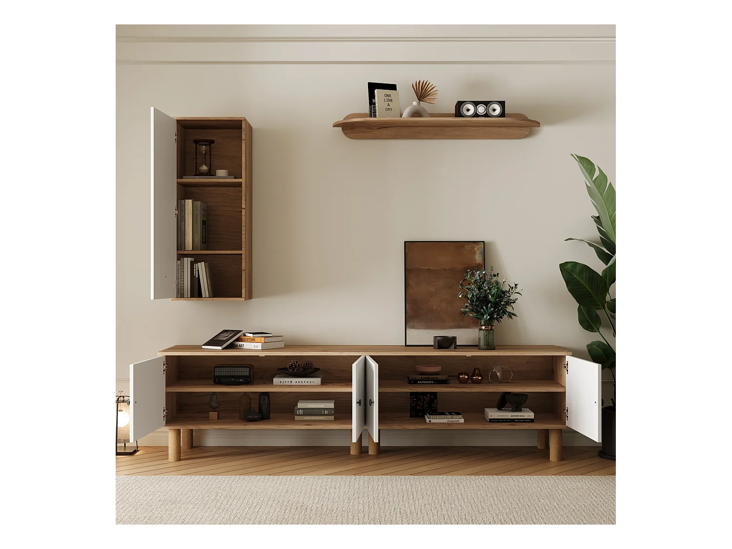 Lot de 3 meuble mural - buffet haut + meuble tv + étagère murale - aggloméré - naturel + blanc