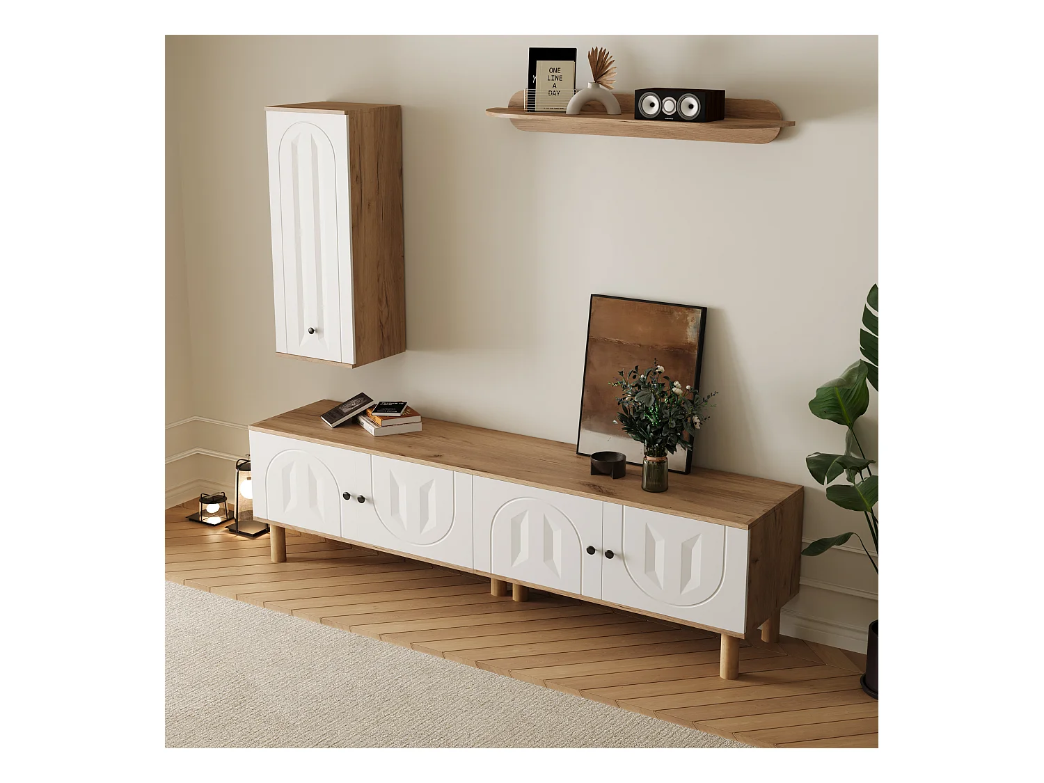 Lot de 3 meuble mural - buffet haut + meuble tv + étagère murale - aggloméré - naturel + blanc
