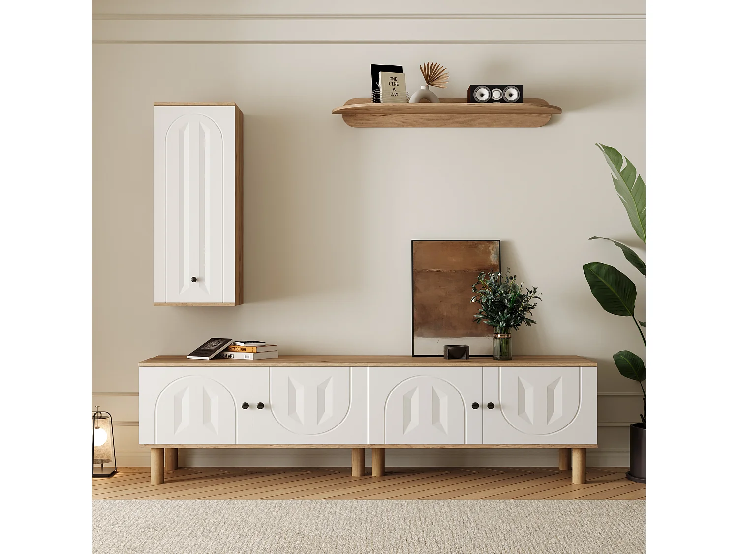Lot de 3 meuble mural - buffet haut + meuble tv + étagère murale - aggloméré - naturel + blanc