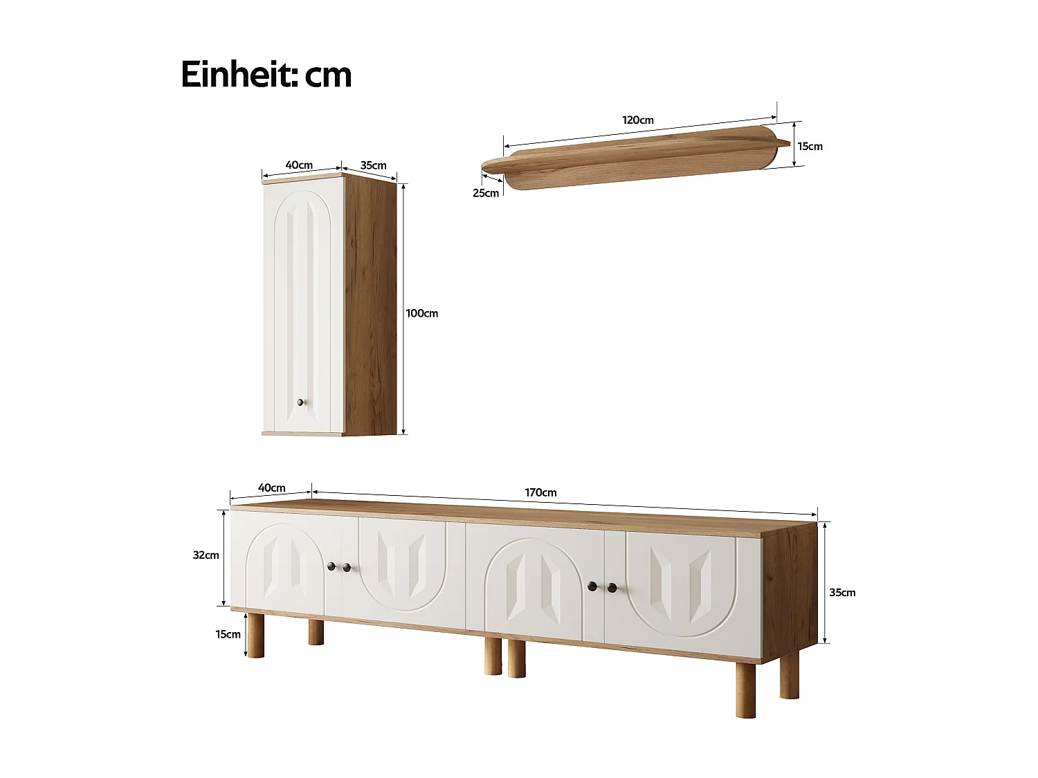 Lot de 3 meuble mural - buffet haut + meuble tv + étagère murale - aggloméré - naturel + blanc