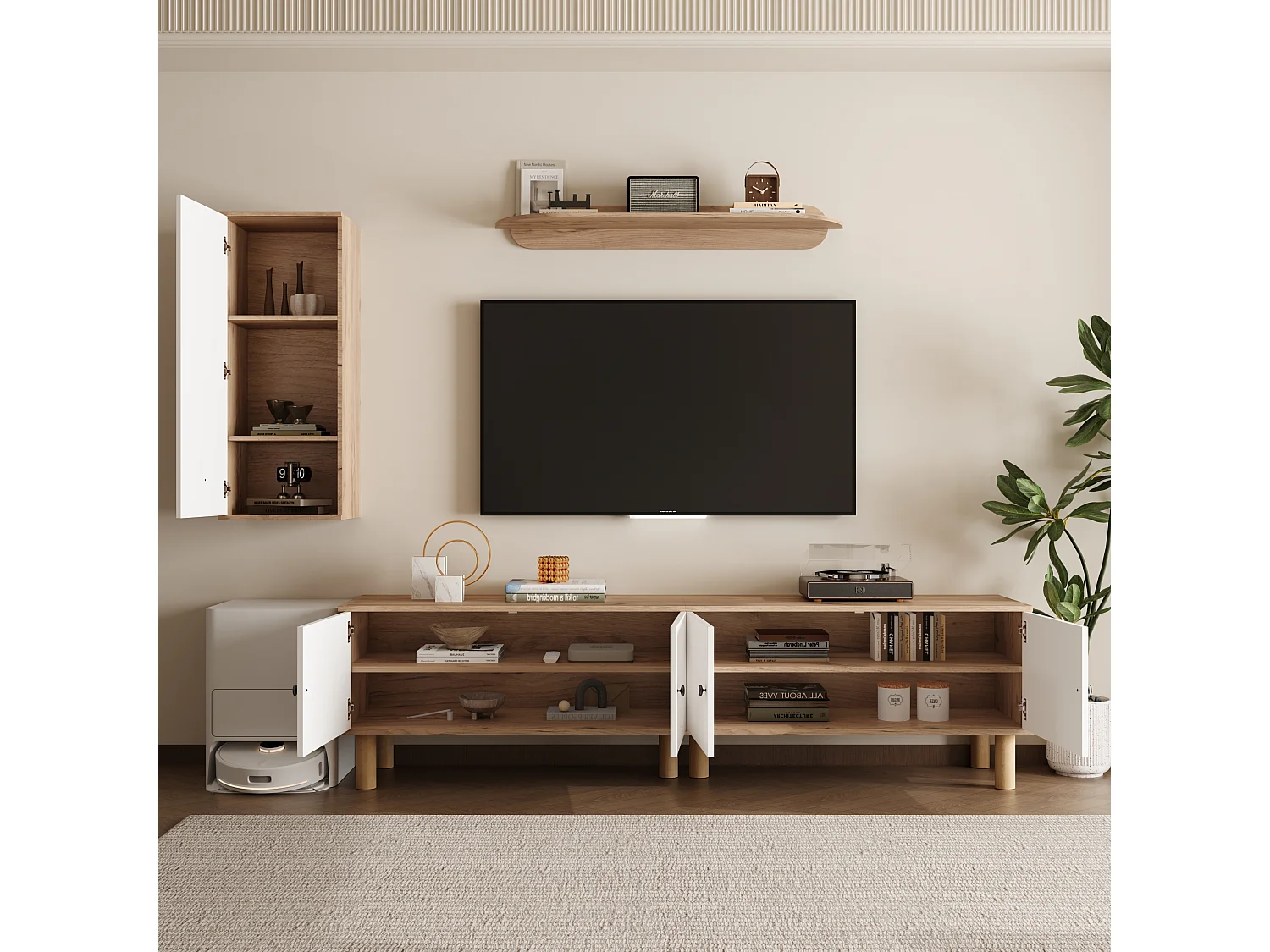 Lot de 3 meuble mural - buffet haut + meuble tv + étagère murale - aggloméré - naturel + blanc