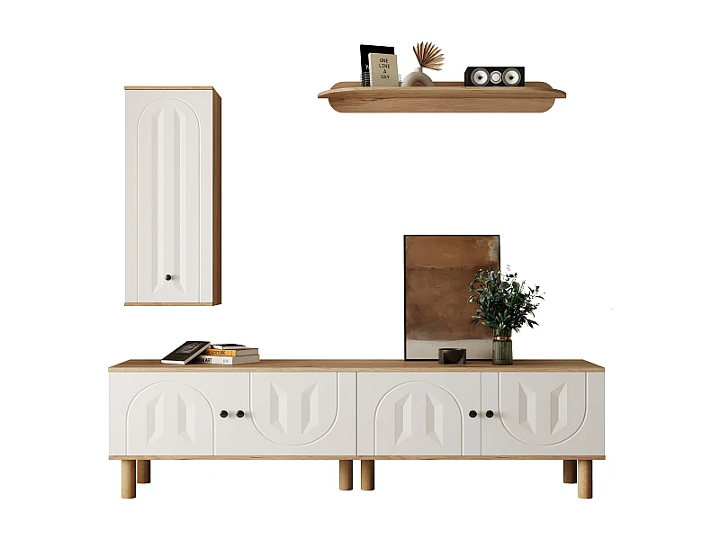 Lot de 3 meuble mural - buffet haut + meuble tv + étagère murale - aggloméré - naturel + blanc