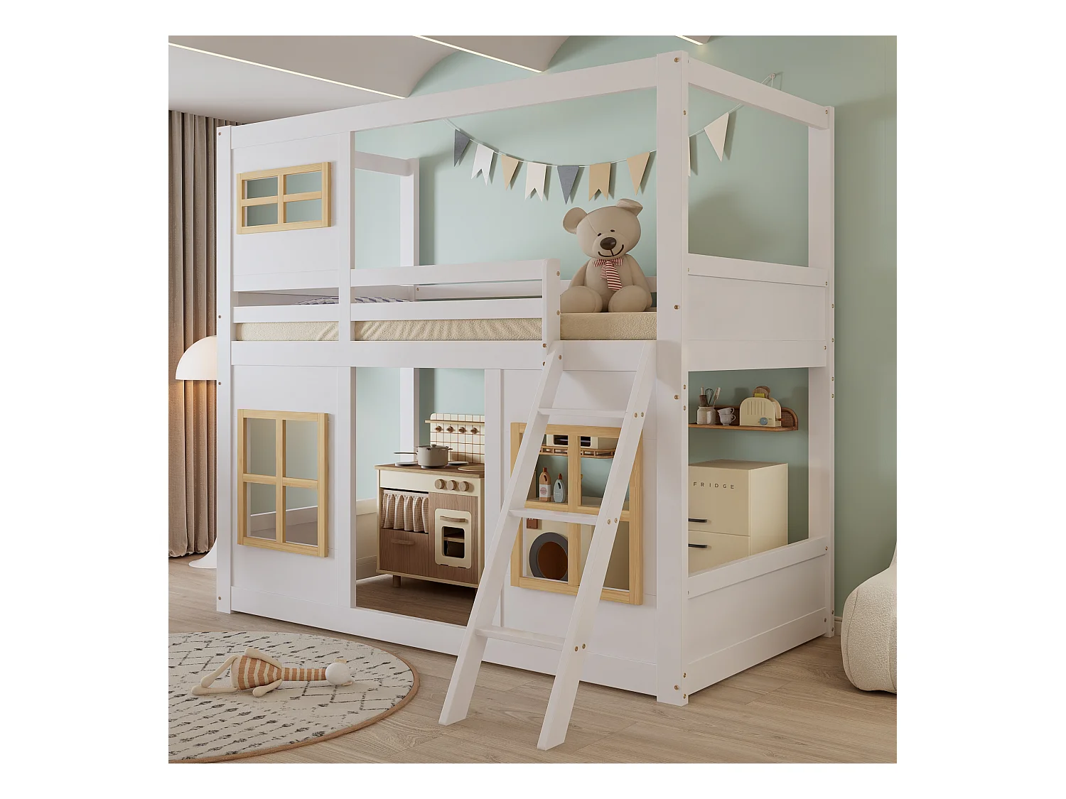 Lit superposés enfant - 90 x 200 cm - avec fenêtres + escabeau + clôture - pin + MDF - blanc + naturel