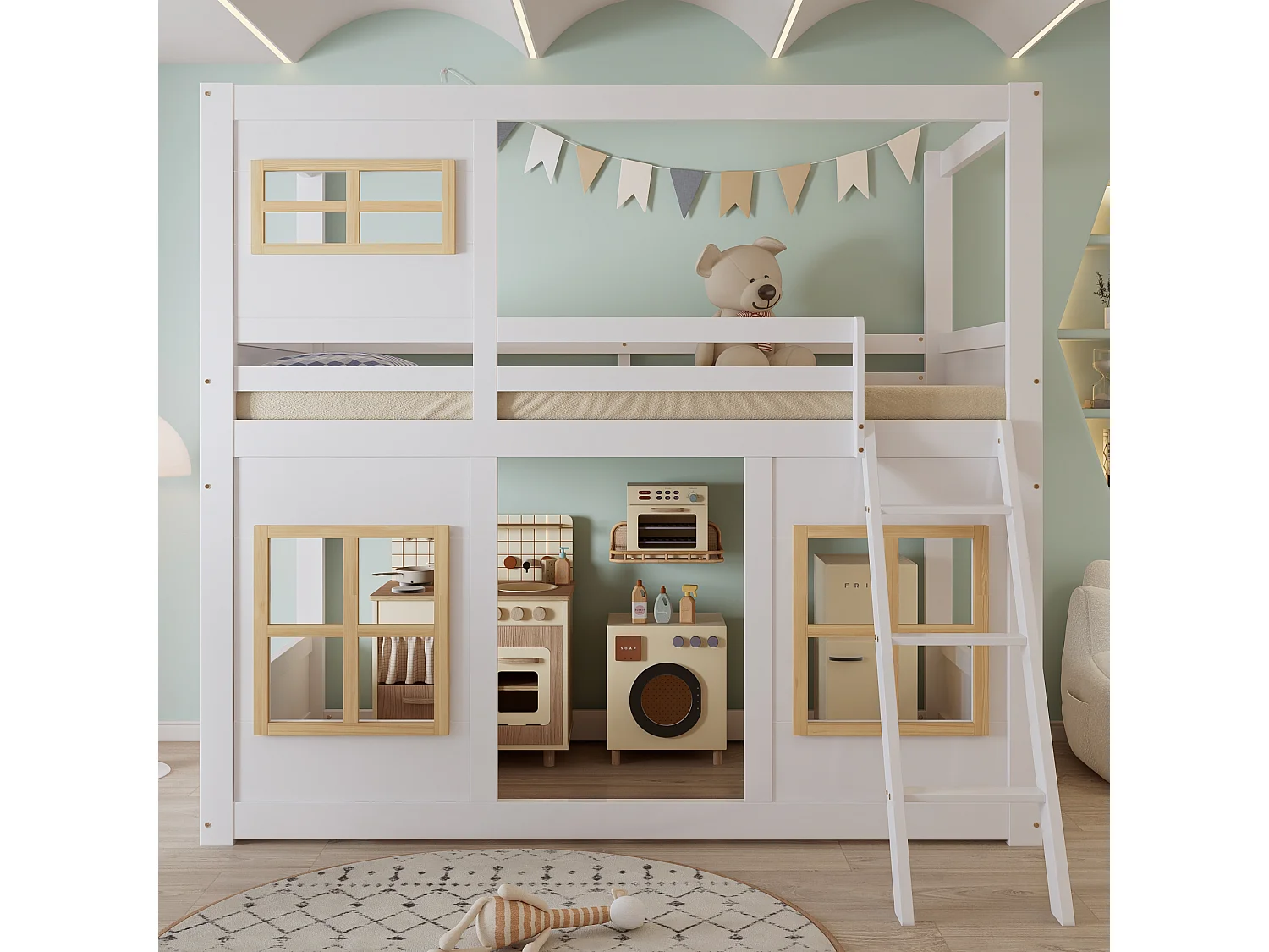 Lit superposés enfant - 90 x 200 cm - avec fenêtres + escabeau + clôture - pin + MDF - blanc + naturel