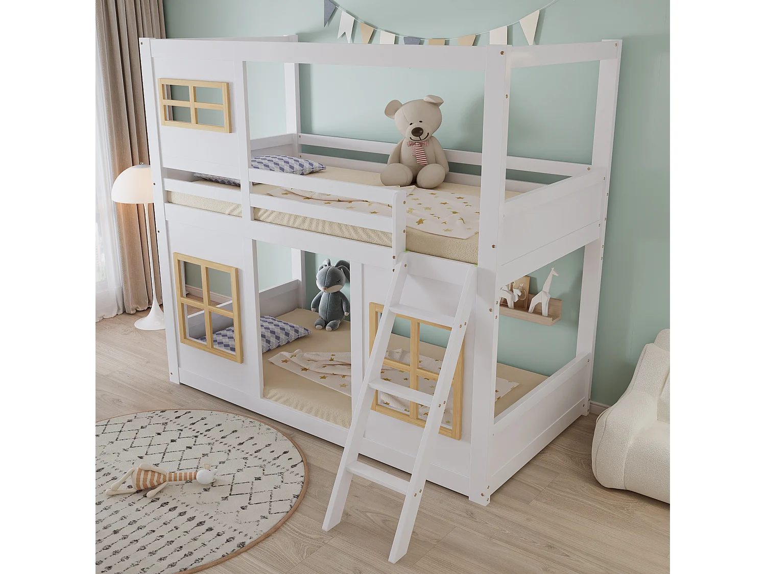 Lit superposés enfant - 90 x 200 cm - avec fenêtres + escabeau + clôture - pin + MDF - blanc + naturel