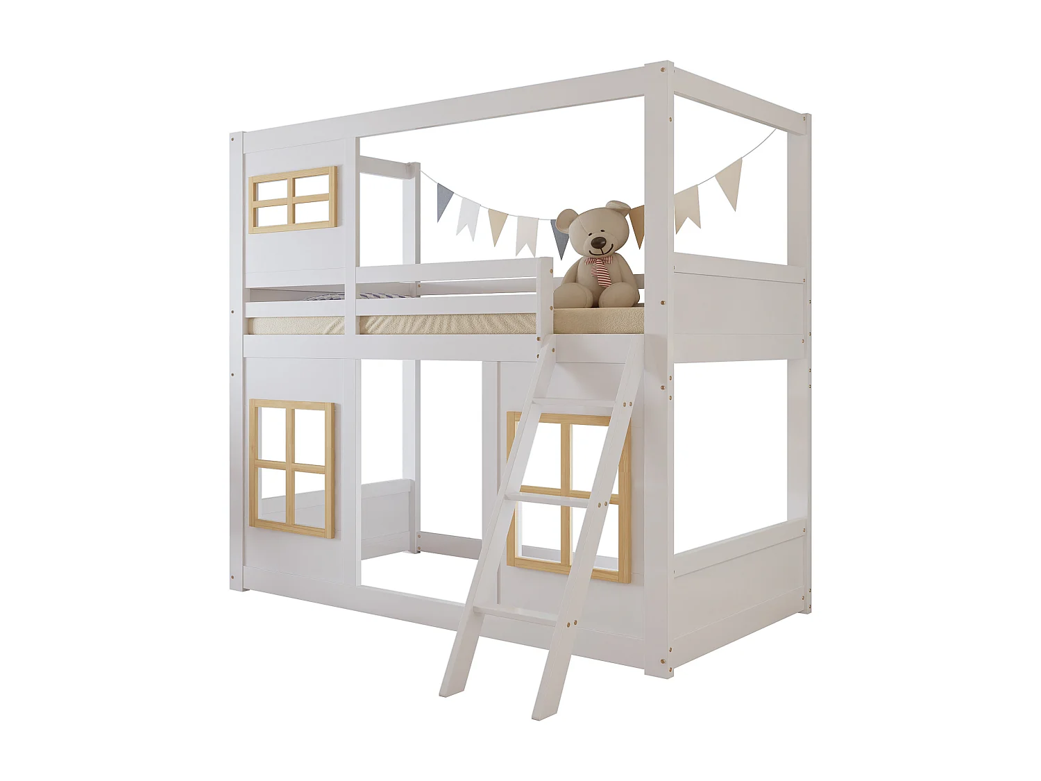 Lit superposés enfant - 90 x 200 cm - avec fenêtres + escabeau + clôture - pin + MDF - blanc + naturel