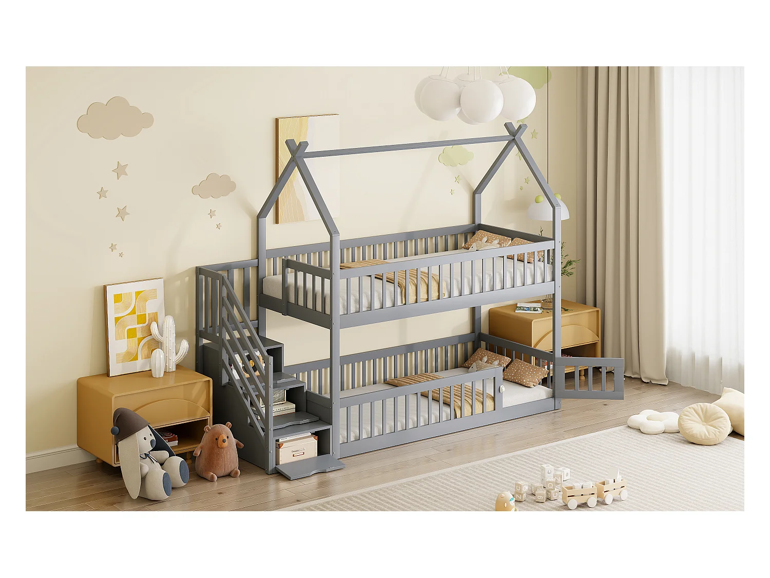 Lit superposés enfant - 2 x 90 x 200 - avec escalier de rangement + barrières + toit - bois - gris