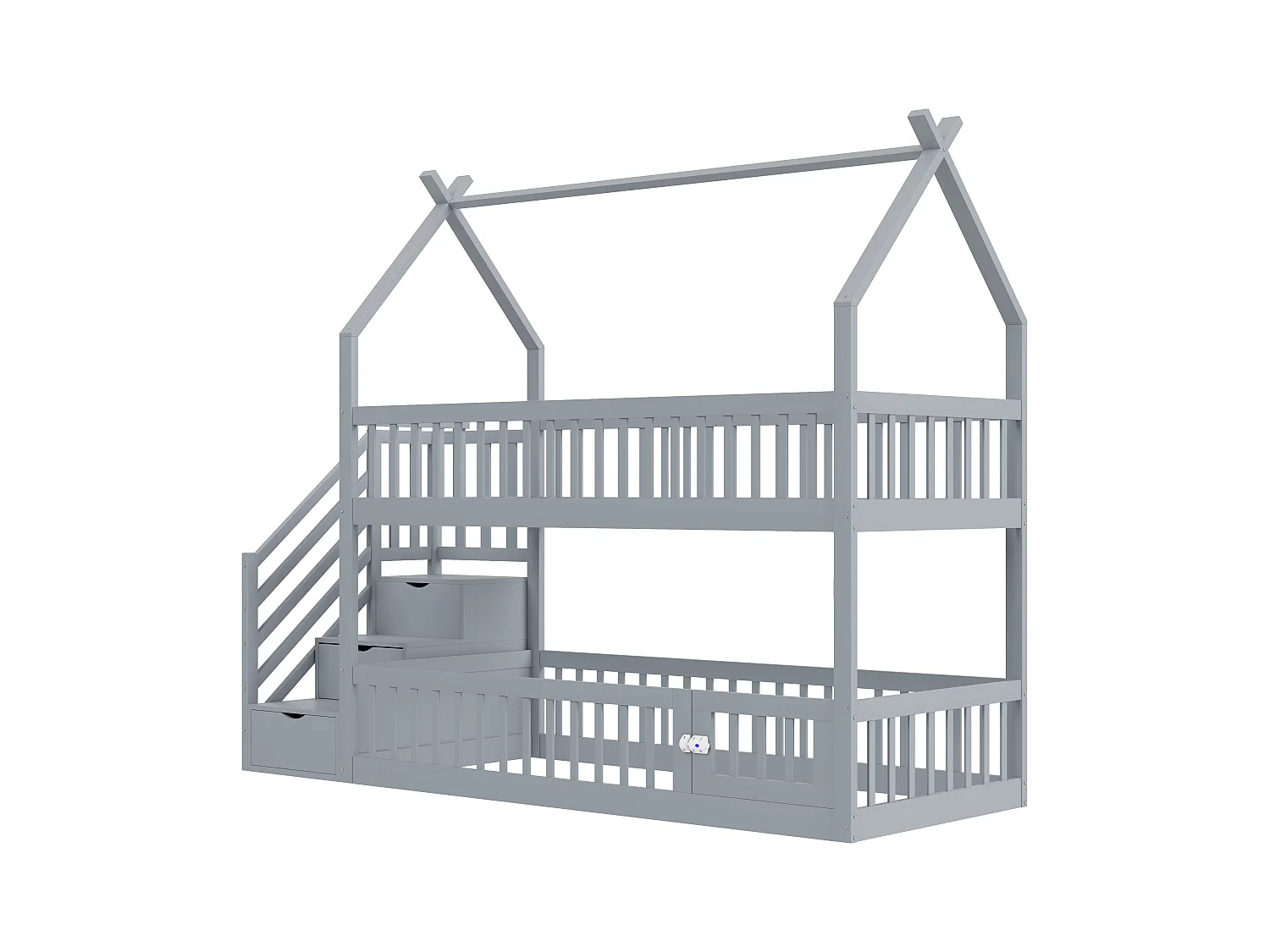 Lit superposés enfant - 2 x 90 x 200 - avec escalier de rangement + barrières + toit - bois - gris