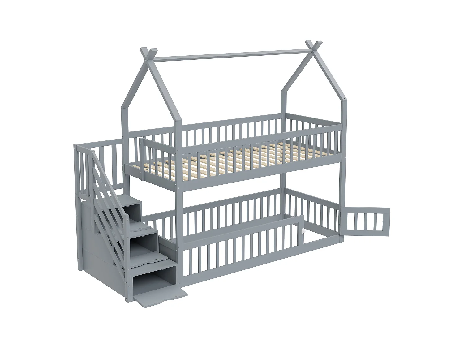 Lit superposés enfant - 2 x 90 x 200 - avec escalier de rangement + barrières + toit - bois - gris
