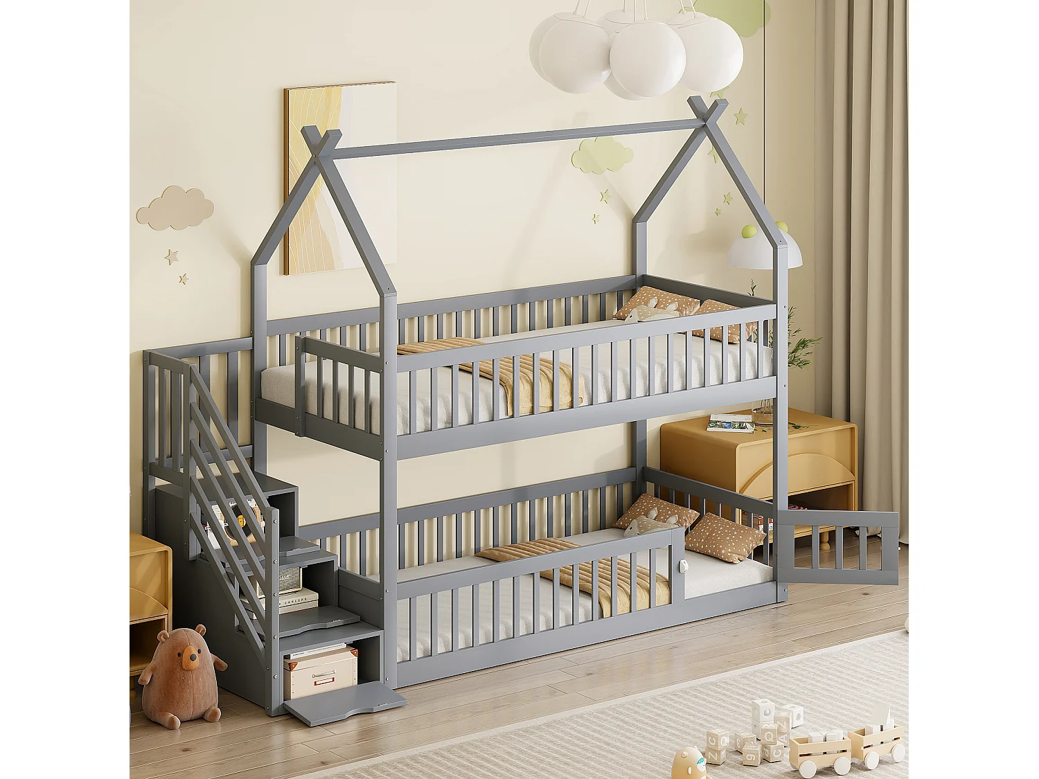 Lit superposés enfant - 2 x 90 x 200 - avec escalier de rangement + barrières + toit - bois - gris