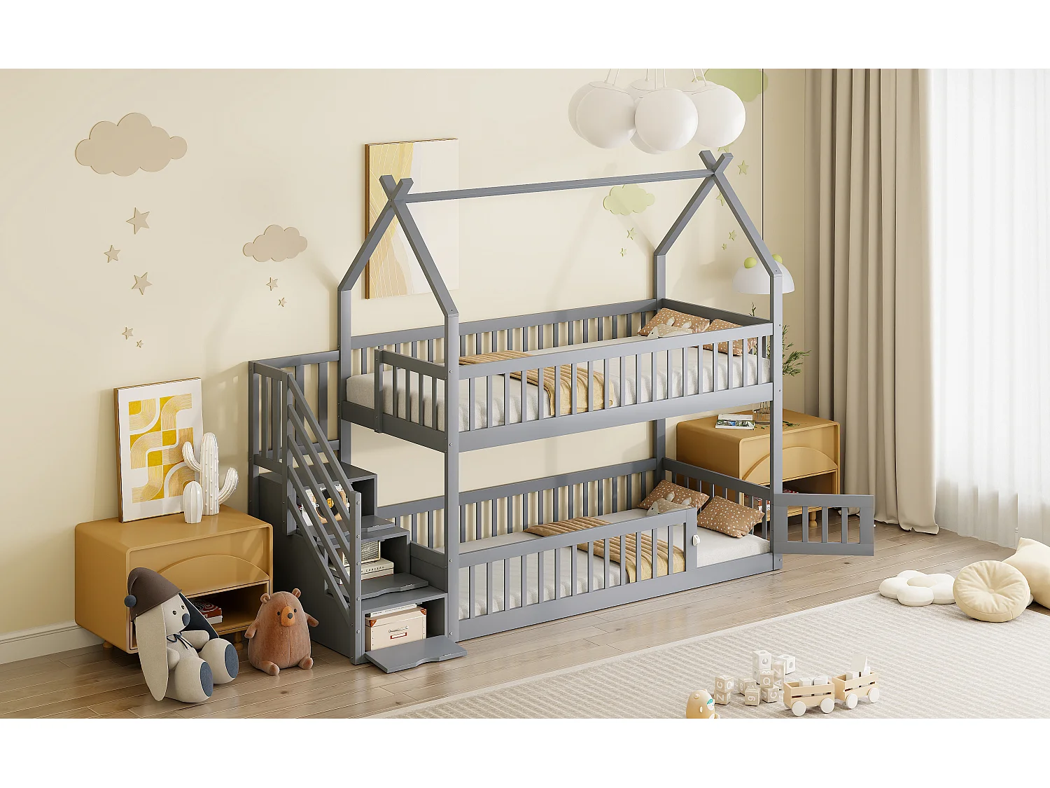 Lit superposés enfant - 2 x 90 x 200 - avec escalier de rangement + barrières + toit - bois - gris