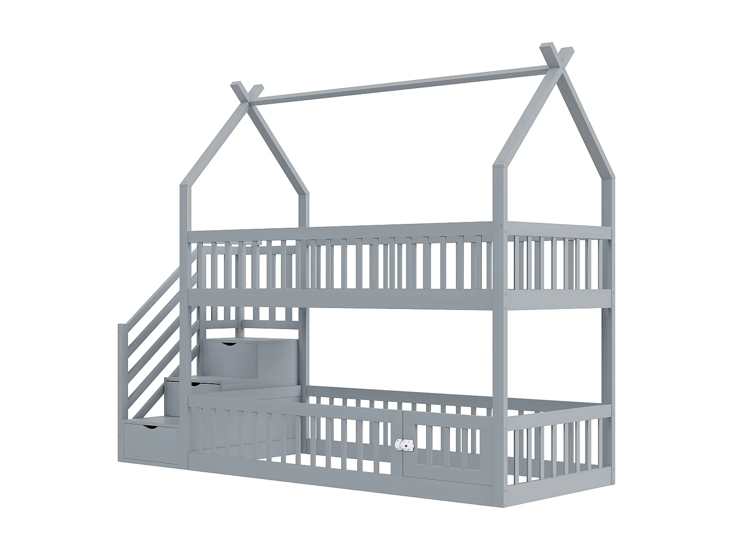Lit superposés enfant - 2 x 90 x 200 - avec escalier de rangement + barrières + toit - bois - gris