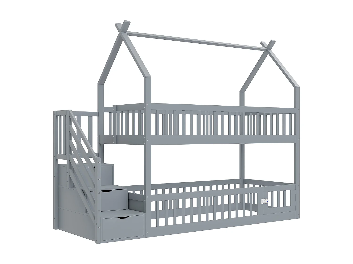 Lit superposés enfant - 2 x 90 x 200 - avec escalier de rangement + barrières + toit - bois - gris