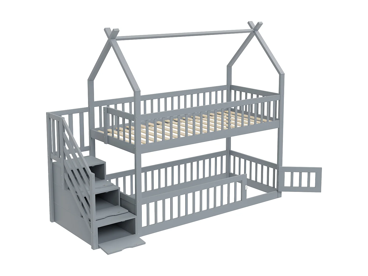 Lit superposés enfant - 2 x 90 x 200 - avec escalier de rangement + barrières + toit - bois - gris