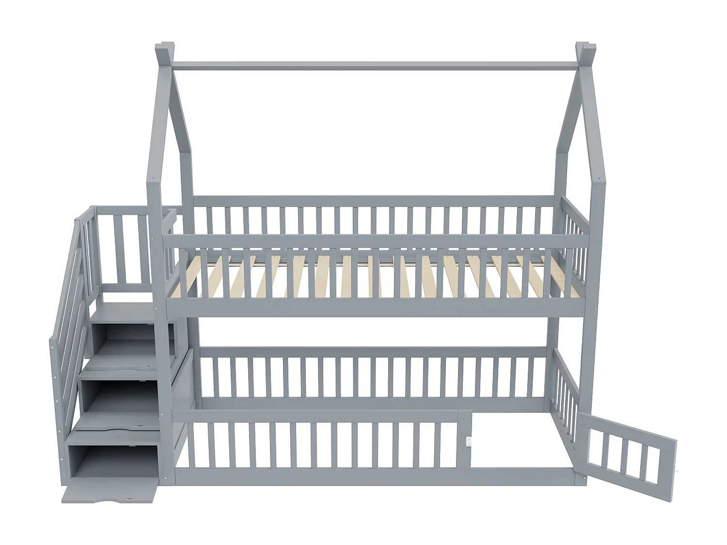 Lit superposés enfant - 2 x 90 x 200 - avec escalier de rangement + barrières + toit - bois - gris