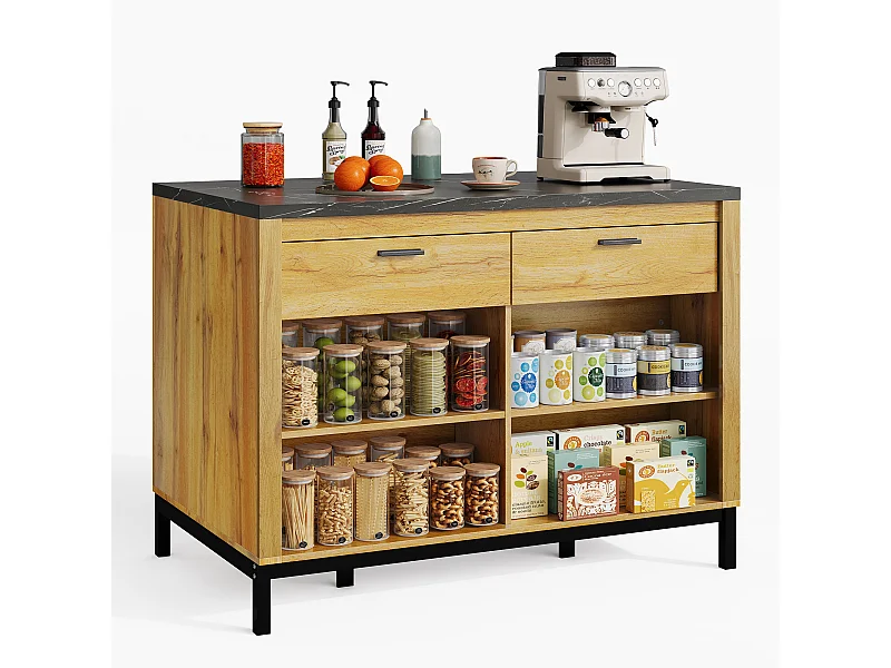 Ilha central estilo campestre com estrutura metálica - 120 x 75 x 90 cm - com 2 gavetas + 4 prateleiras - MDF - natural