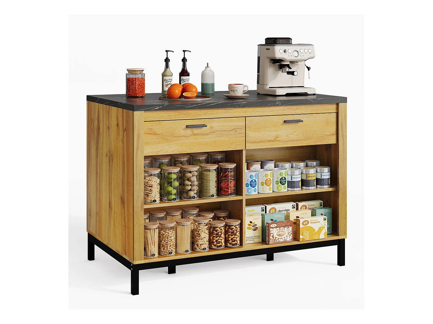 Îlot central style campagnard structure en métal - 120 x 75 x 90 cm - avec 2 tiroirs + 4 étagères - MDF - naturel