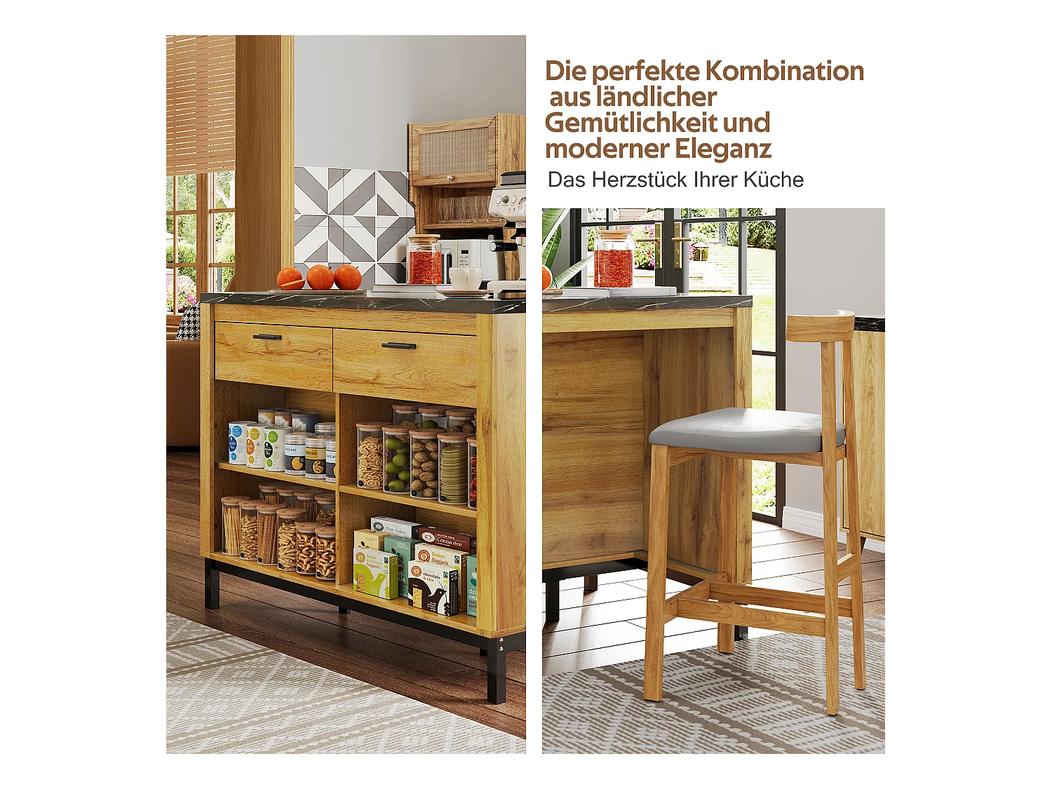 Îlot central style campagnard structure en métal - 120 x 75 x 90 cm - avec 2 tiroirs + 4 étagères - MDF - naturel